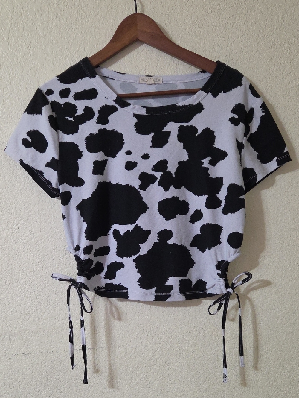 Cow Print Drawstring Crop Top - Black & White